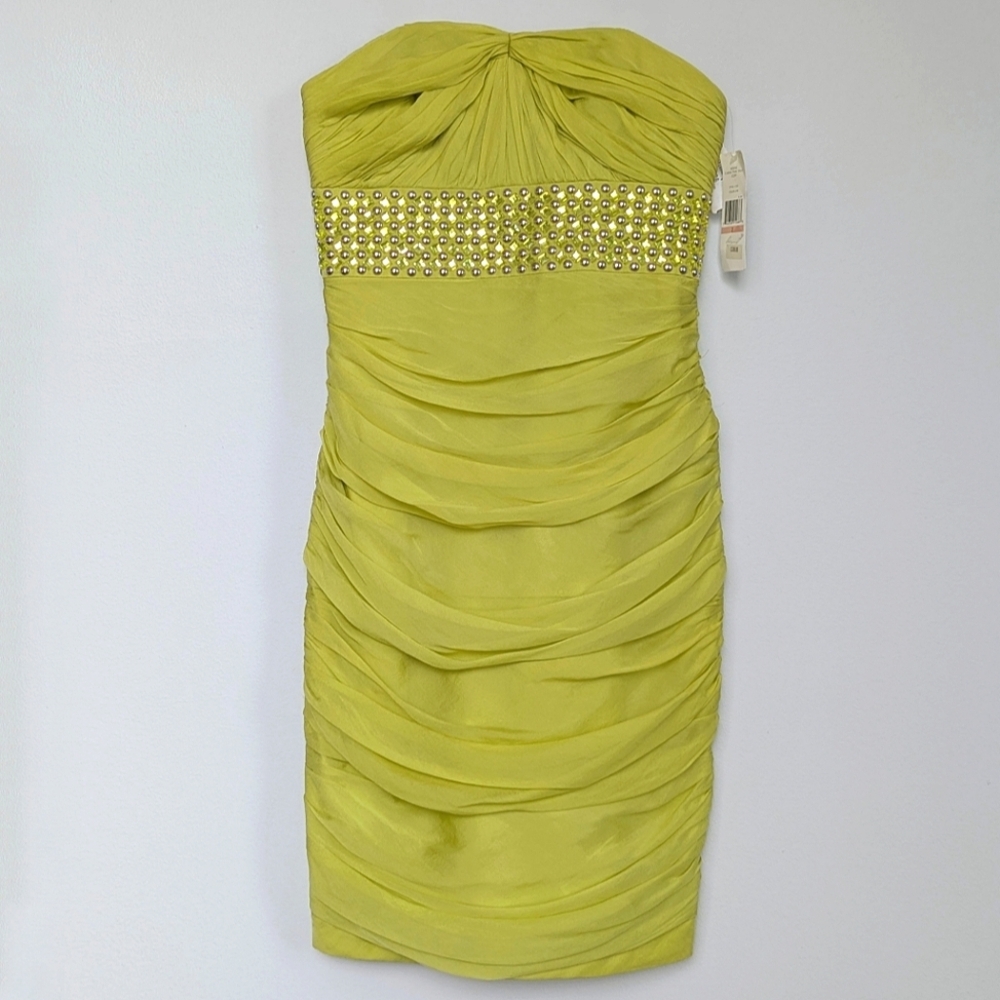 Carmen Marc Valvo Silk Bead & Studd Strapless Ruched Dress Yellow Green - sz 2